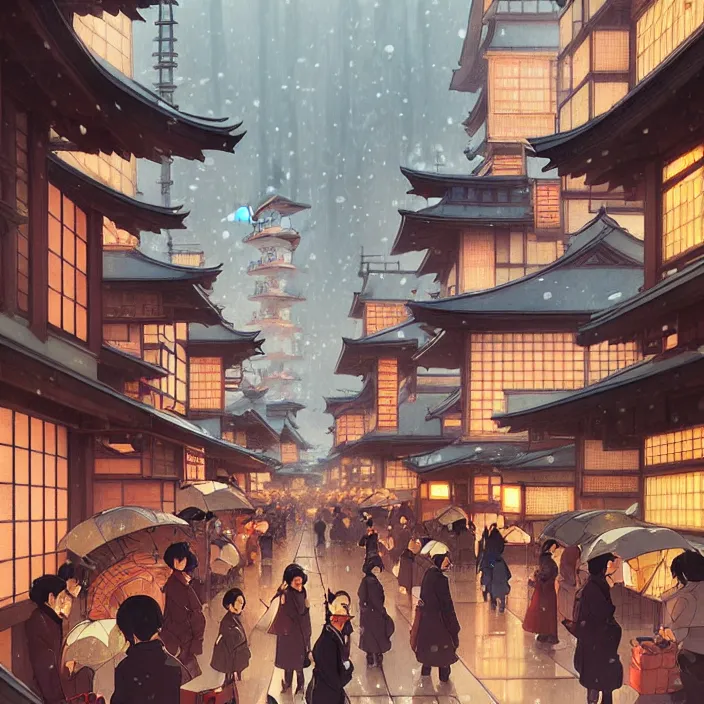 Image similar to japanese big city, winter, in the style of studio ghibli, j. c. leyendecker, greg rutkowski, artem