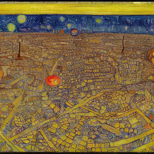 Prompt: satanic powerful galactic city blob goose vision dish soul , by Egon Schiele and Vingent van Gogh and Paul Cézanne , cluttered , renaissance painting , impressionism