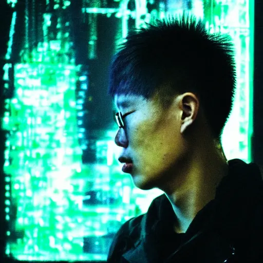 Image similar to “portrait of Victor Tsoy, cyberpunk warrior, smoking, dark vibe, impressive colors”