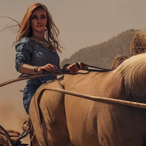 Image similar to ultra - photorealistic, middle eastern woman driving horse and handling weapon, dust, yellow cinematic, 4 k, 8 0 0 mm, uhd, vogue, winning photo of the year, sharp focus, intricate, hyperdetailed content