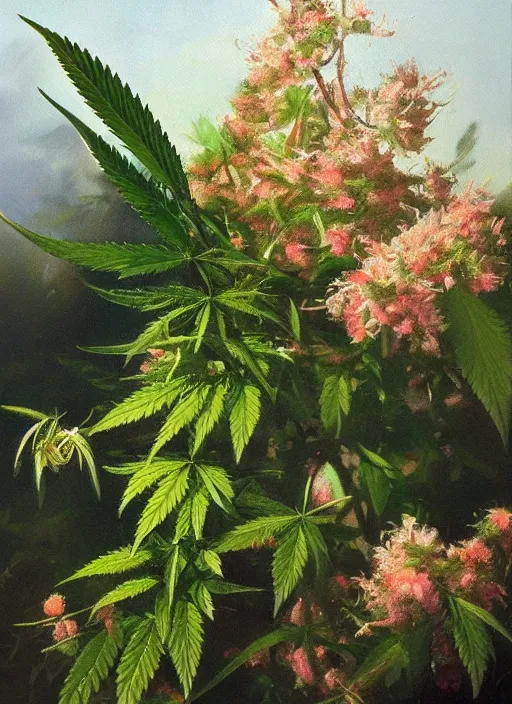 Image similar to oil painting by anders zorn, nature, bush, marijuana flowers, cannabis leaves with backlight