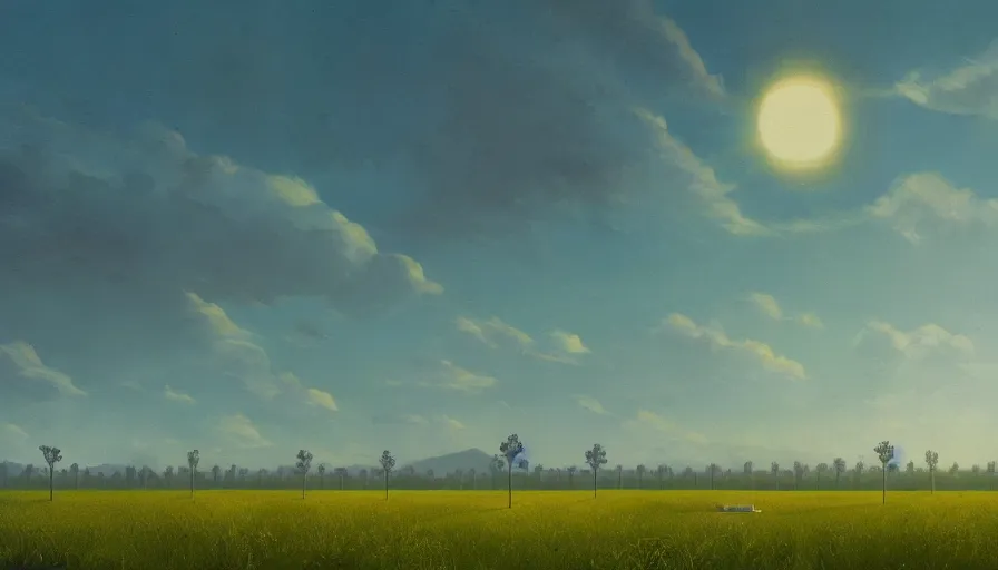 Image similar to solar panel farm, sun in the sky, open field, early morning, single tree, simon stalenhag