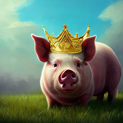 Image similar to an epic painting of a proudly standing pig wearing a gold crown, oil on canvas, golden hour, perfect composition, golden ratio, beautiful detailed, photorealistic, digital painting, artstation, concept art, smooth, sharp focus, illustration, fantasy background, artstation trending, octane render, unreal engine