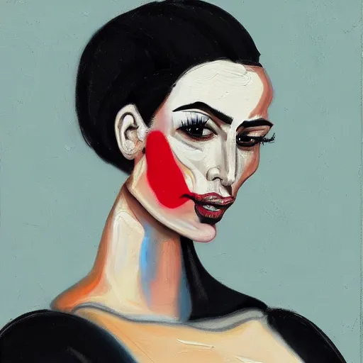 Image similar to grotesque portrait of kim kardashian painted by george condo, intricate, abstract, dark, highly detailed, oil on canvas, terrifying, brilliantly colored, 8 k