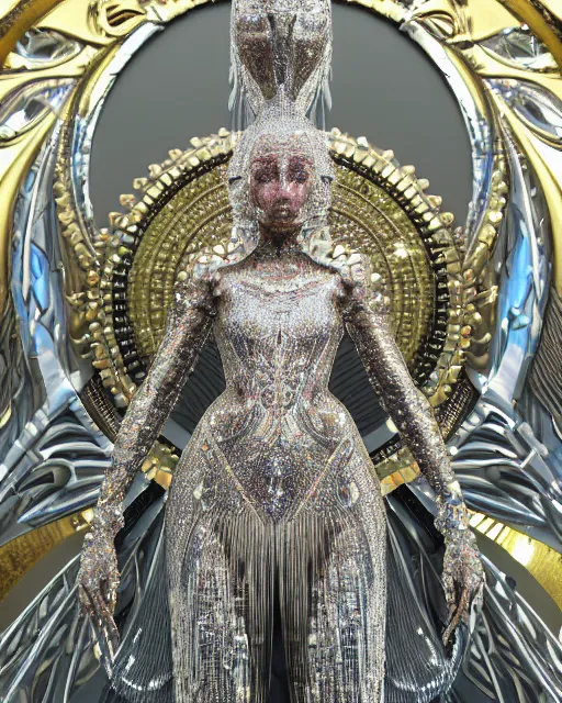 Image similar to a highly detailed metahuman 4 k close up render of an alien goddess bella hadid monument bird in iris van herpen dress schiaparelli in diamonds crystals swarovski and jewelry iridescent in style of alphonse mucha gustav klimt trending on artstation made in unreal engine 4