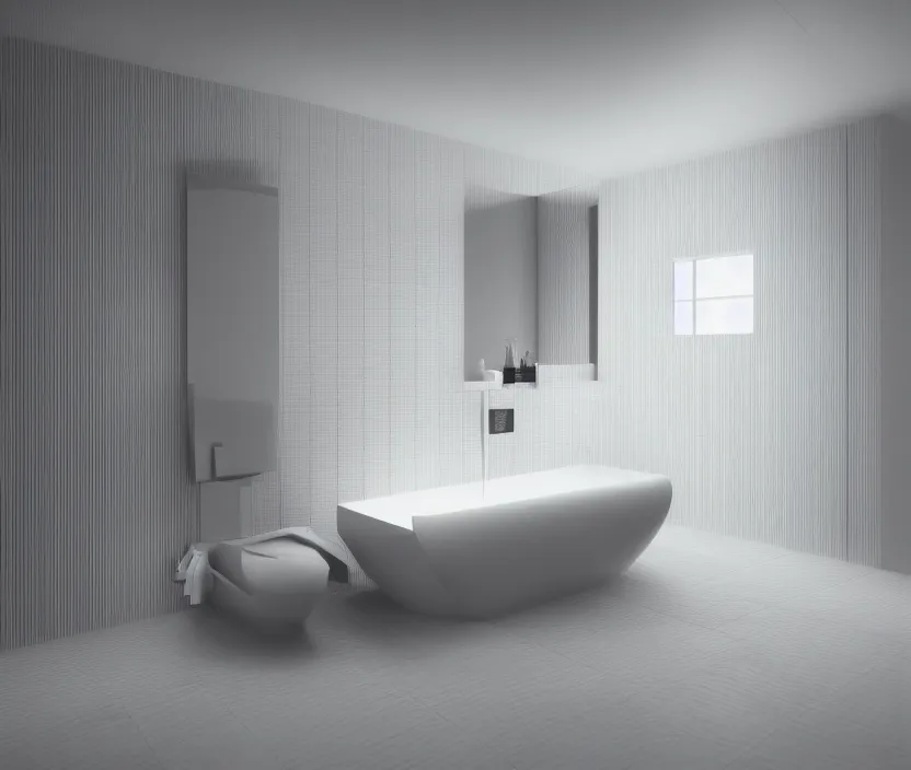 Prompt: isometric modern bathroom in wall tiles, gloomy and foggy atmosphere, octane render, artstation trending, horror scene, highly detailded