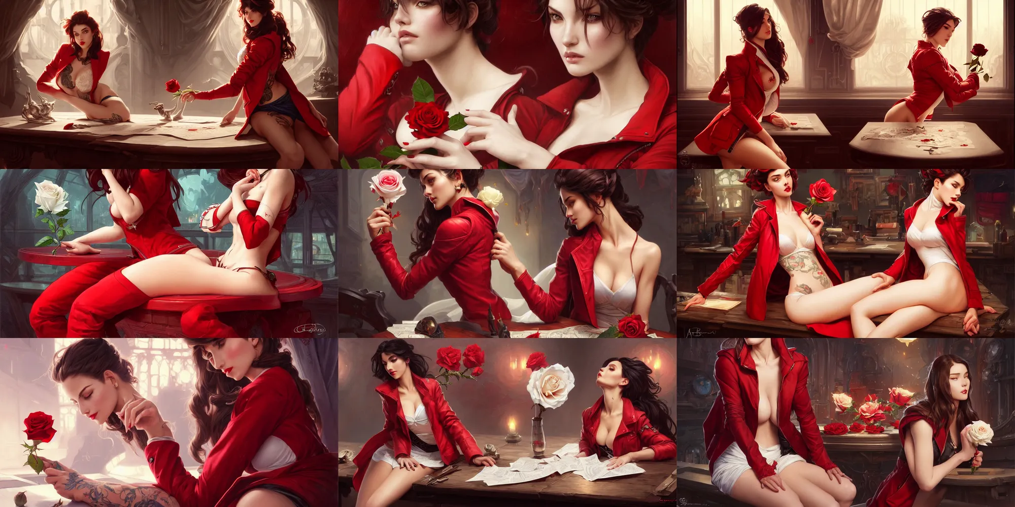 Prompt: red jacket tattooed sexy girl sits on a table holding a white rose, deep focus, turnaround, character sheet, intricate, elegant, highly detailed, digital painting, artstation, concept art, matte, sharp focus, illustration, hearthstone, art by artgerm and greg rutkowski and alphonse mucha.
