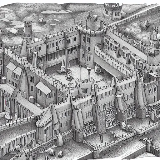 Image similar to an isometric view of crowded medieval castle in the middle of england, illustration, art, hyper detailed, foggy, cinematic