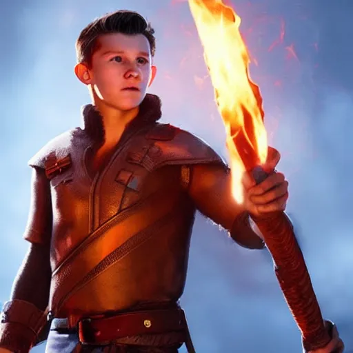 Prompt: Young Tom Holland wearing a leather barbarian tunic holding a glowing fire magical staff. Trending on Artstation, octane render, ultra detailed, art by Ross tran