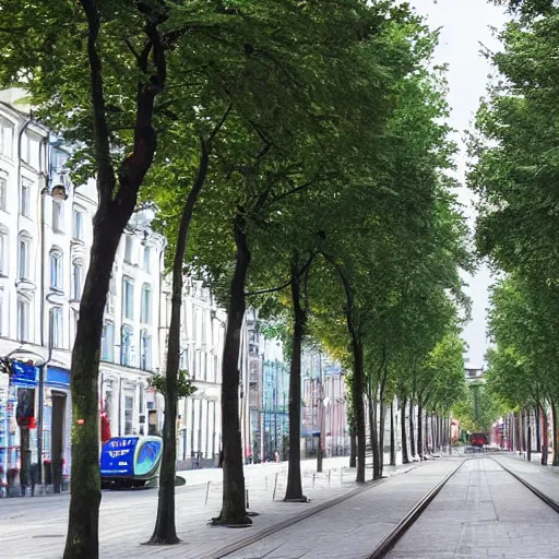 Prompt: Saint-Petersburg main street has trees and tram but without any car