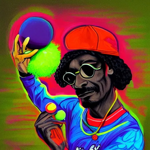 Image similar to snoop dogg tennis, ball monster ,tennis ball, colorful, digital art, fantasy,chalk, magic, trending on artstation, ultra detailed, professional illustration by Basil Gogos