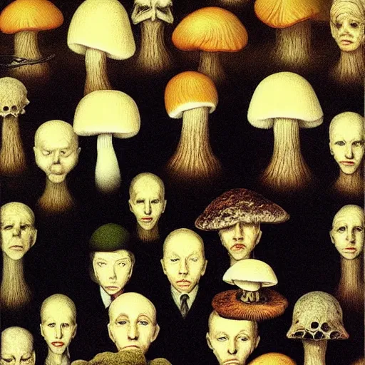 Image similar to portrait face head eyes man fungal ears Mushroom Cretin the Hermit camouflaged as a toadstool wearing a black shirt mark ryden greg rutkowski andrew wyeth giorgio de chirico