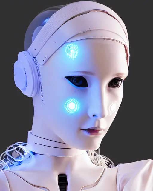 Image similar to creative photo of female dancer as a cyberpunk mecha humanoid robotic head shoulder parts with linear bright led lights, inside white room, ultra - realistic and detailed, 8 k