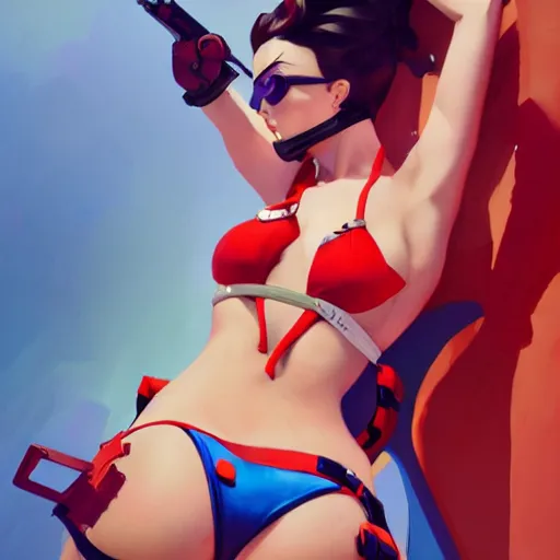 Image similar to pinup overwatch tracer in a futuristic red bikini thong, artwork by sergey kolesov, medium shot, asymmetrical, organic painting, sunny day, matte painting, bold shapes, hard edges, street art, trending on artstation, by huang guangjian and gil elvgren and sachin teng