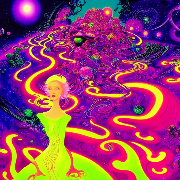 Image similar to cosmic girl, infinite fractal dimensions, bright neon colors, highly detailed, cinematic, eyvind earle, tim white, philippe druillet, roger dean, lisa frank, aubrey beardsley