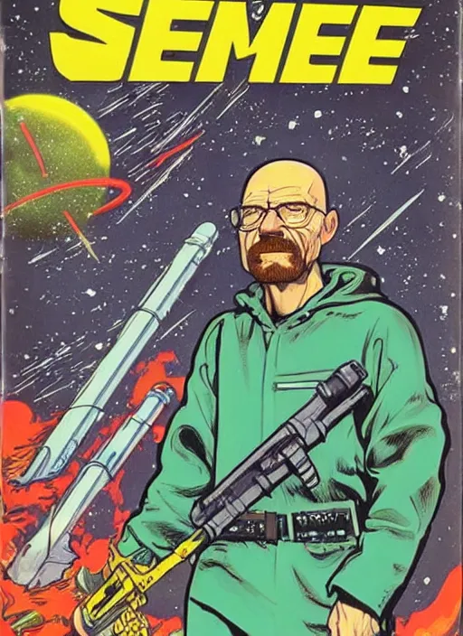 Image similar to Walter White as space wizard in retro science fiction cover by Stanisław Lem, vintage 1970 print