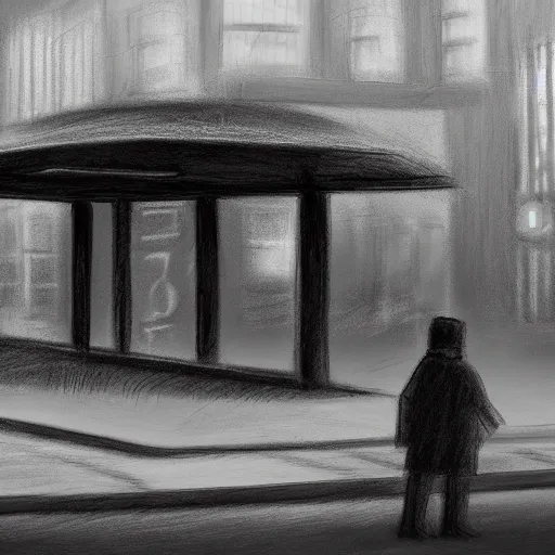 Prompt: dark city bus stop, chalk on blackboard drawing,very detailed,ArtStation