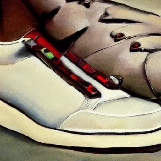 Prompt: ultra realistic painting of sneakers, art by frank frazetta, 4 k, ultra realistic, highly detailed, epic lighting