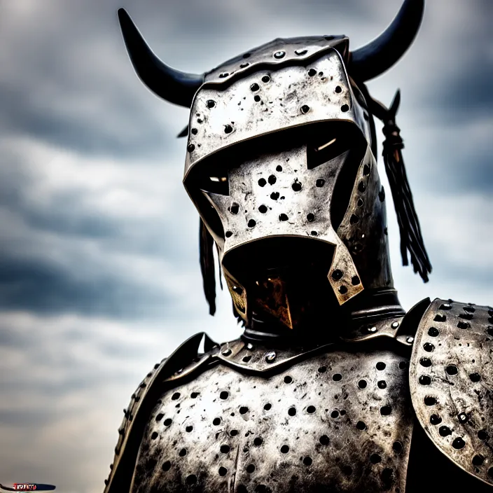 Image similar to photo of a warrior with metal cow themed armour, highly detailed, 4 k, hdr, smooth, sharp focus, high resolution, award - winning photo