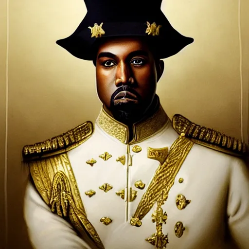 Prompt: Portrait of Kanye West as emperor napoleon, amazing splashscreen artwork, splash art, head slightly tilted, natural light, elegant, intricate, fantasy, atmospheric lighting, cinematic, matte painting, by Greg rutkowski