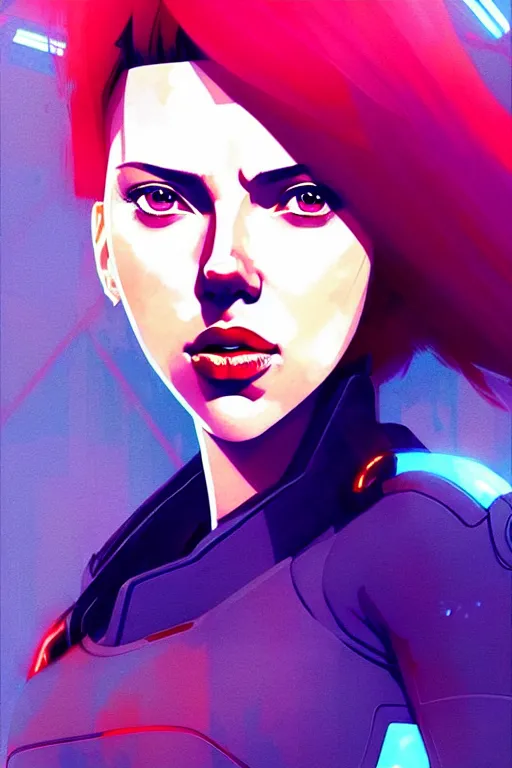 Image similar to a ultradetailed beautiful panting of scarlett johansson as motoko kusanagi, by conrad roset, greg rutkowski and makoto shinkai, trending on artstation