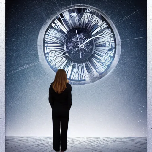 Prompt: A woman standing on the ultimate clock of reality