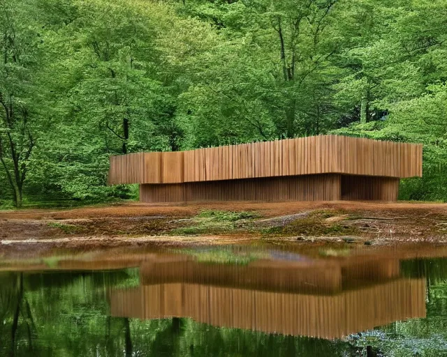 Image similar to pagan brutalist building made of carved wood near a pond and forest, a lot of chimes and calmness