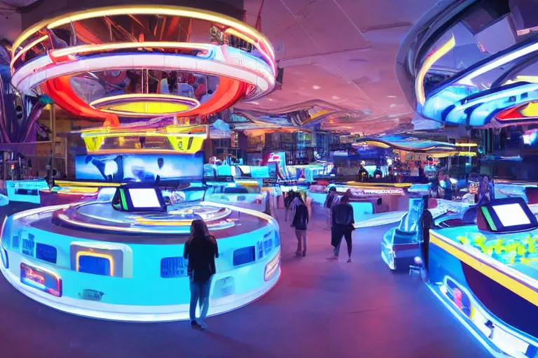 Image similar to futuristic high - tech tv show arena with mini games happening outside, wide angle, cinematographic shot, day