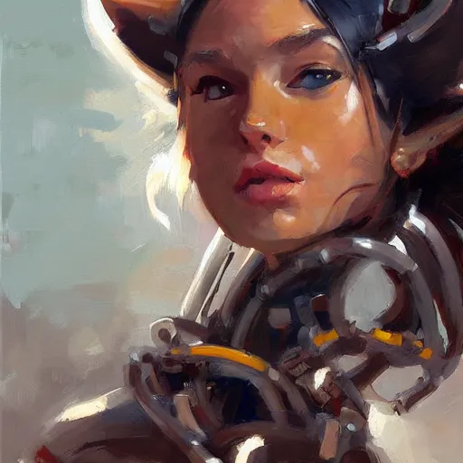 Image similar to Greg Manchess portrait painting of a cyborg cat girl, medium shot, asymmetrical, profile picture, Organic Painting, sunny day, Matte Painting, bold shapes, hard edges, street art, trending on artstation, by Huang Guangjian and Gil Elvgren and Sachin Teng
