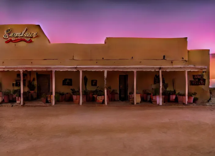 Image similar to realistic exterior photo of a mexican restaurant, vaporwave, in a flat barren desert. sandstorm, 15mm. Very detailed 8k. Sharp. Cinematic post-processing. Unreal engine. Nanite. Ray tracing. Parallax. Tessellation