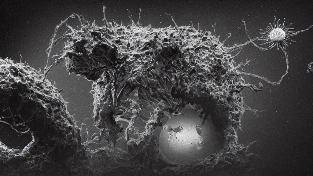 Image similar to a beautiful microscopic scientific photo of a coronavirus and a strange life form seen through an electron microscope, dark, sinister, detailed, art by Greg Rutkowski