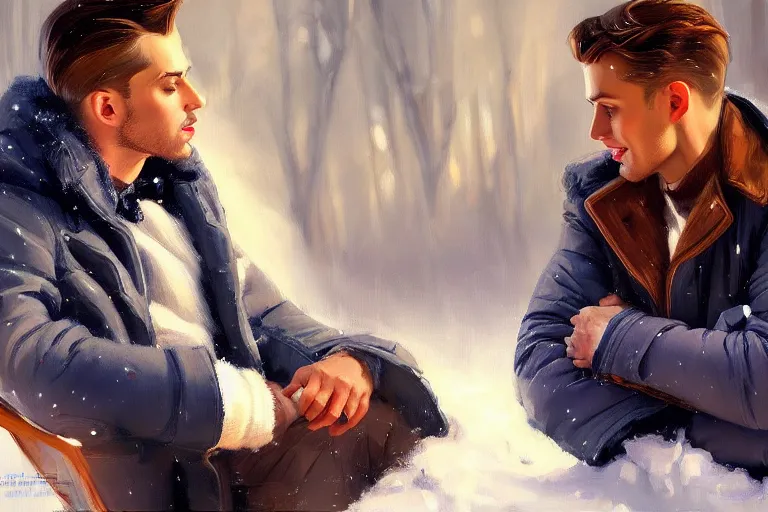 Prompt: attractive man chatting, winter, night, painting by vladimir volegov, j. c. leyendecker, tom of finland, trending on artstation