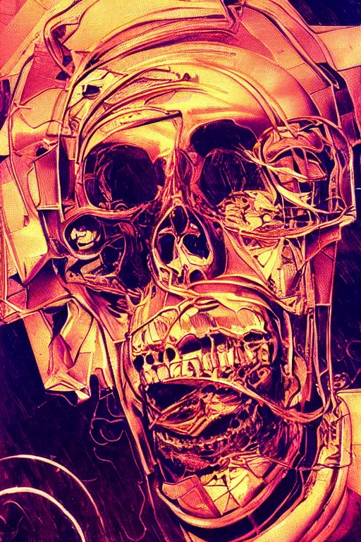 Image similar to wideangle, a portrait of a shattered cybernetic metal skull, lost in tensor fields, madness, decoherence, synthwave, glitch!!, fracture, realistic, hyperdetailed, concept art, golden hour, art by syd mead, cubism