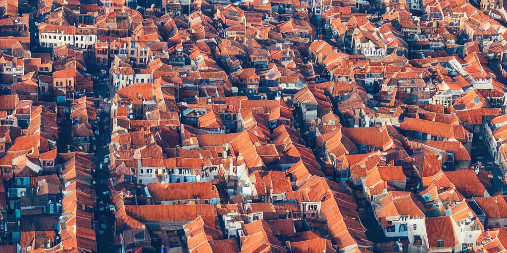 Image similar to Aerial perspective of a fantasy town winding narrow streets a multicolored marketplace full of people, red brick rooves and smoke from chimneys