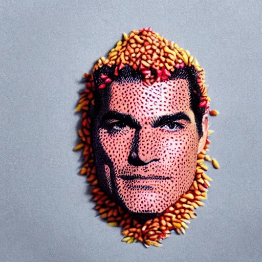 Image similar to dragonfruit portrait of henry cavill, made of dragonfruit seeds, inside a dragonfruit