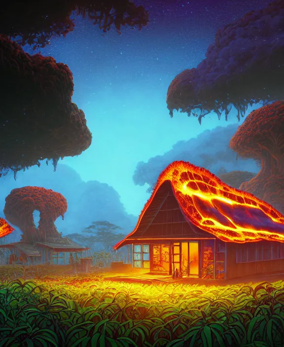 Prompt: simplicity, an simple schoolhouse made out of exotic fungus, overgrown with lush floral jungle, milky way, hellscape, hell, fire, brimstone, lava, by dan mumford, yusuke murata, makoto shinkai, ross tran, cinematic, unreal engine, cel shaded, featured on artstation, pixiv