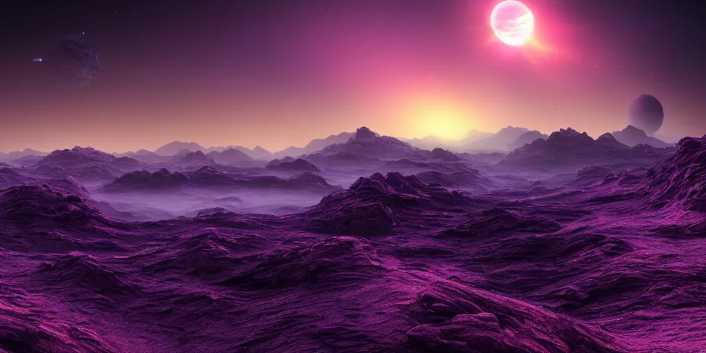 Prompt: very beautiful view of alien planet landscape at dawn, purple sky, science fiction digital art, award winning, trending on artstation, digital art. highly detailed 8 k. intricate. lifelike. soft light. nikon d 8 5 0.