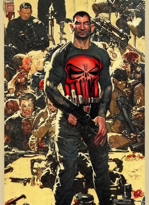 Image similar to full body and head portrait of dave bautista as the punisher, painted by norman rockwell and phil hale and greg staples and tom lovell and frank schoonover and jack kirby