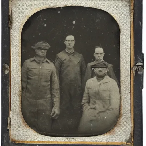 Image similar to tintype, wide angle view, scientists and soldiers show captured alien specimen