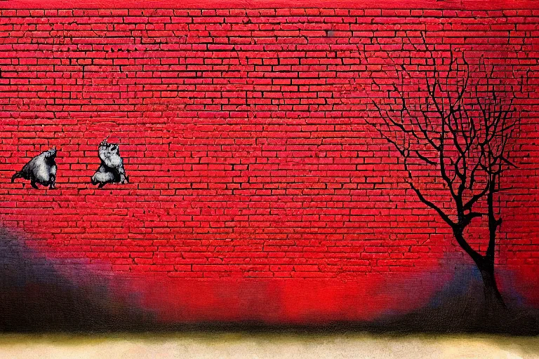 Image similar to abstract wall painting of nature landscape, red brick style, rule of thirds, shining, by adonna khare, by amir zand, by banksy, digital painting