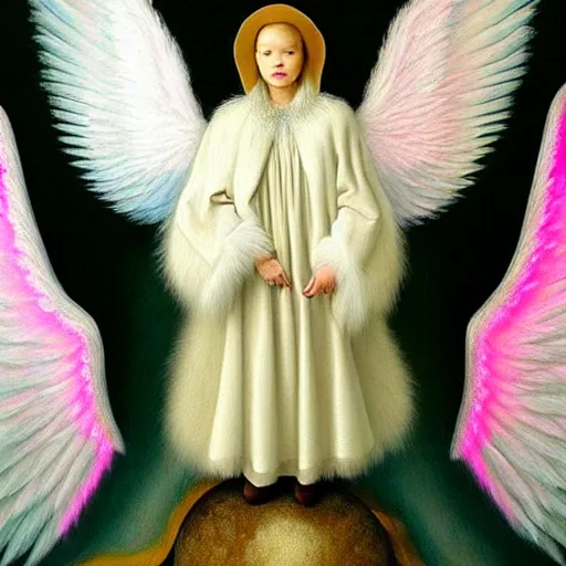 Prompt: highdetailed hyperrealistic painting of white angel!!! no gender!!!, giant ball of miracle light from the chest!!!!!, everywhere, 4 k hd fur face!!!, in the hood, big wings, by jan van eyck, holography space, white sparkles, glow effect, large strokes, white monochrome color!!!!!