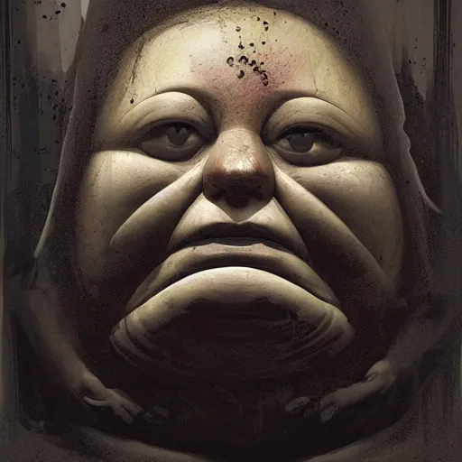 Prompt: portrait of the face of fat old sumoringer as despair from sandman, venus of willendorf, by jeremy mann, by gregory crewdson, by bastien lecouffe deharme, by russ mills, sad face, topknot, black hair, mourning, black eyes, white room, soft lightning, high detailed, 8 k