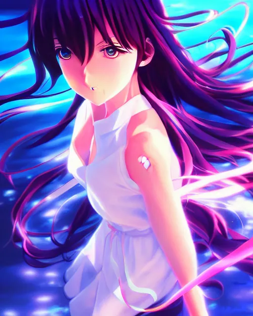 Image similar to anime style, vivid, expressive, full body, 4 k, painting, a cute magical girl with a long wavy black hair, stunning, realistic light and shadow effects, centered, simple background, studio ghibly makoto shinkai yuji yamaguchi