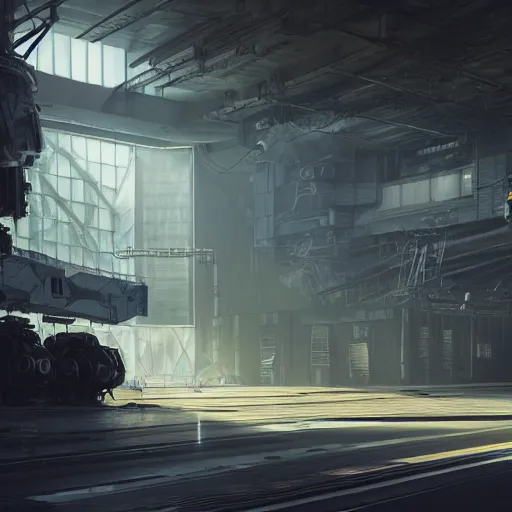 Prompt: a photorealistic 3D artwork of a huge mech standing inside a moody, cluttered hangar of a sci fi space station, 8K image, trending on art station, award winning sci fi work, octane render, hard surface