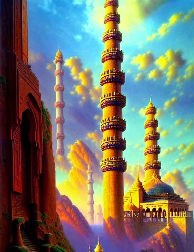 Prompt: a vibrant ancient mosque pagoda castle utopia dream in the clouds by james gurney, bruce pennington, donato giancola, trending on artstation, cinematic composition, beautiful lighting, hyper detailed, 8 k, oil on canvas