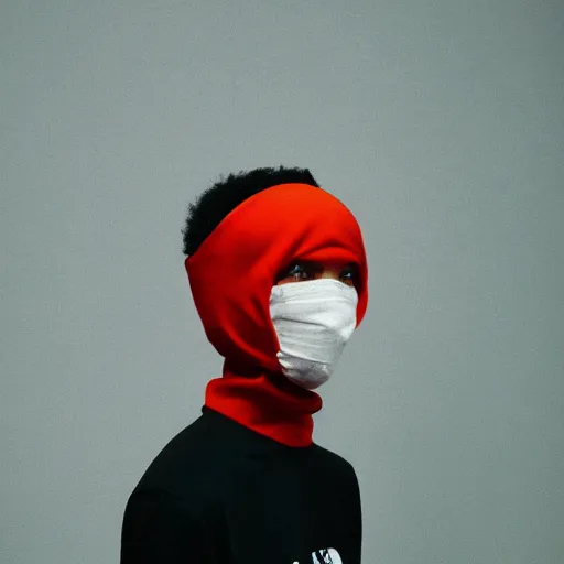 Image similar to realistic! photoshoot for a new the north face lookbook, color film photography, portrait of a beautiful woman wearing a balaclava mask, photo in style of tyler mitchell, 35mm lens