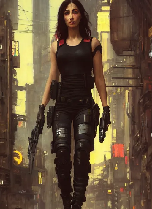 Prompt: 💃🏻. cyberpunk police trooper in a military vest ( blade runner 2 0 4 9, cyberpunk 2 0 7 7 ). orientalist portrait by john william waterhouse and james gurney and theodore ralli and nasreddine dinet, oil on canvas. cinematic, hyper realism, realistic proportions, dramatic lighting, high detail 4 k