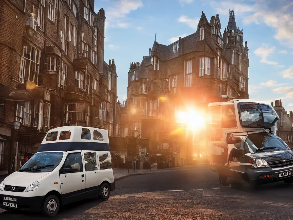 Prompt: modern dyanmic Del Boy\'s three wheeled van parked in london street, low view looking up, small angle, beautiful sunset, unreal engine