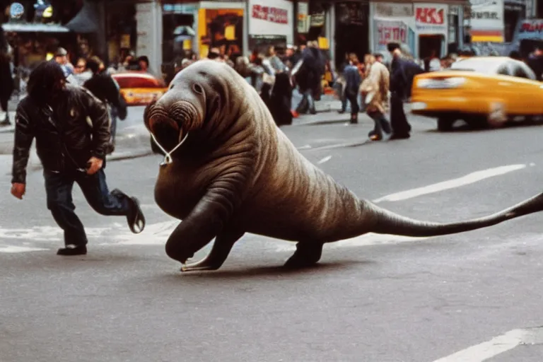 Prompt: closeup potrait of a walrus chasing people in a new york street, natural light, sharp, detailed face, magazine, press, photo, Steve McCurry, David Lazar, Canon, Nikon, focus