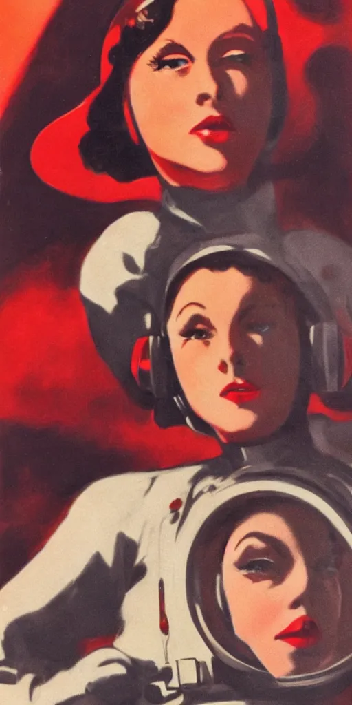 Image similar to 1940s Pulp Sci-fi style, closeup of a woman's face in a retro spacesuit with a dark red and mysterious sky.